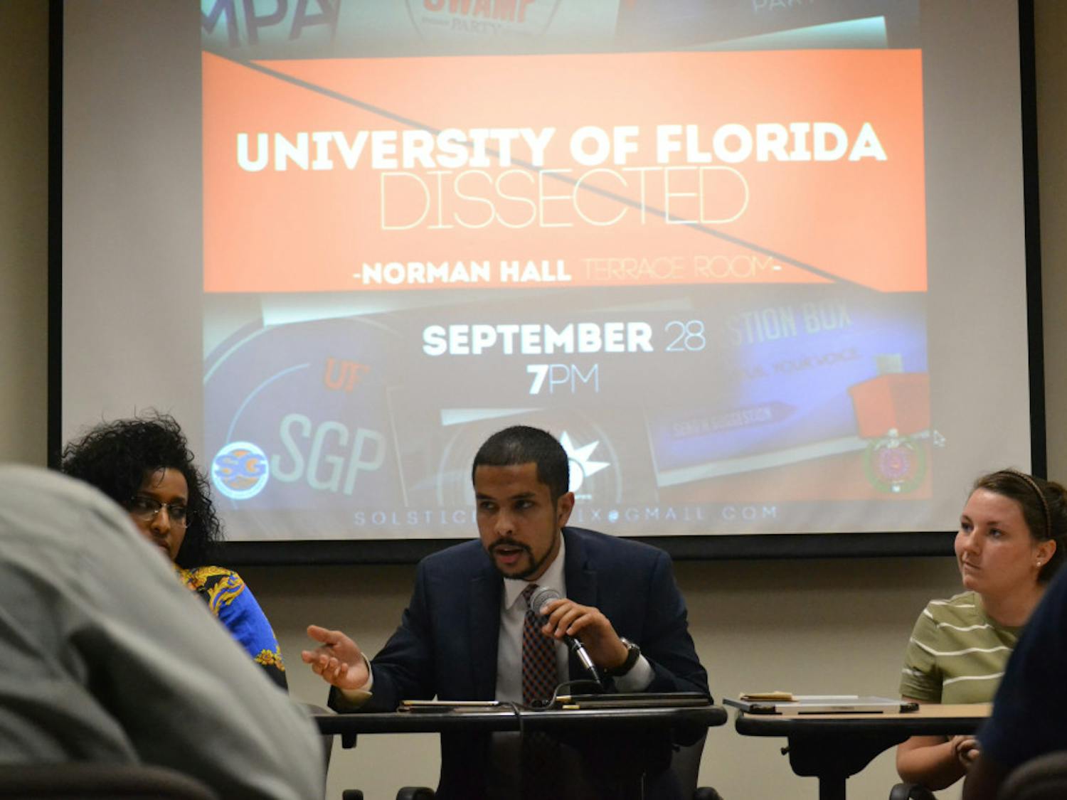 Former Swamp Sen. Nadia Kema (from left), Student Body Treasurer Nicholas Carre and independent student Sen. Katelynd Todd speak at an open dialogue on Sept. 28, 2015.