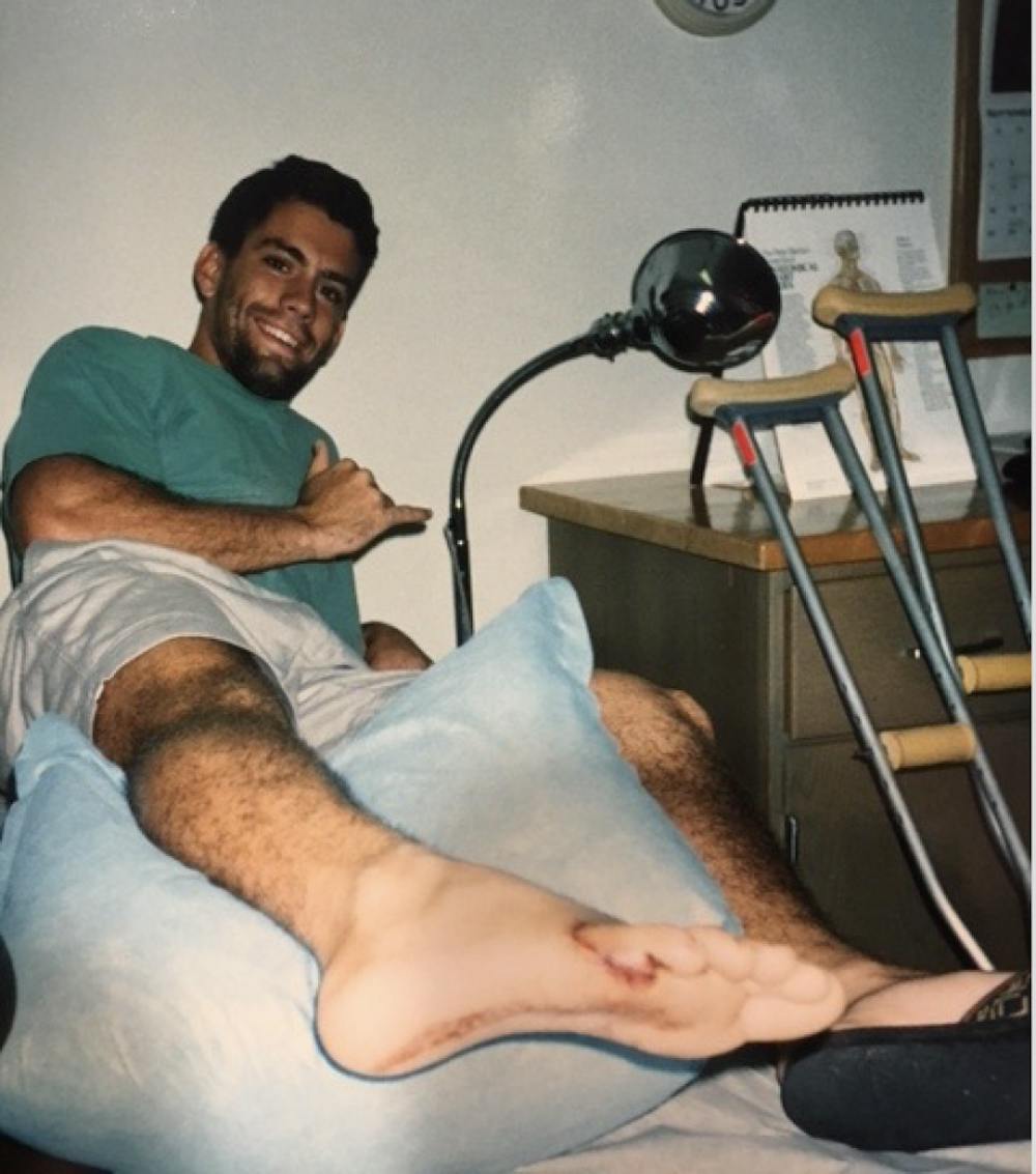 <p>Jeff Weakley, 46, at his follow up appointment about a week after the bite in 1994. This is a hospital in Deland, right by Stetson University, where he was a student at the time.</p>