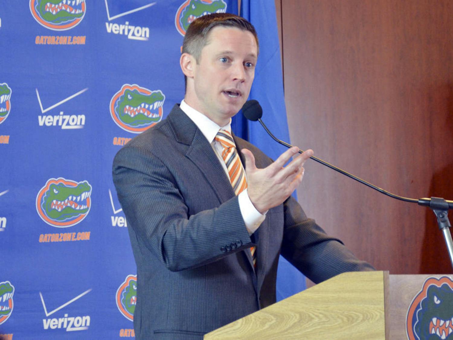 UF men's basketball coach Mike White speaks at his introductory press conference on May 11 in the Gator Room at Ben Hill Griffin Stadium.