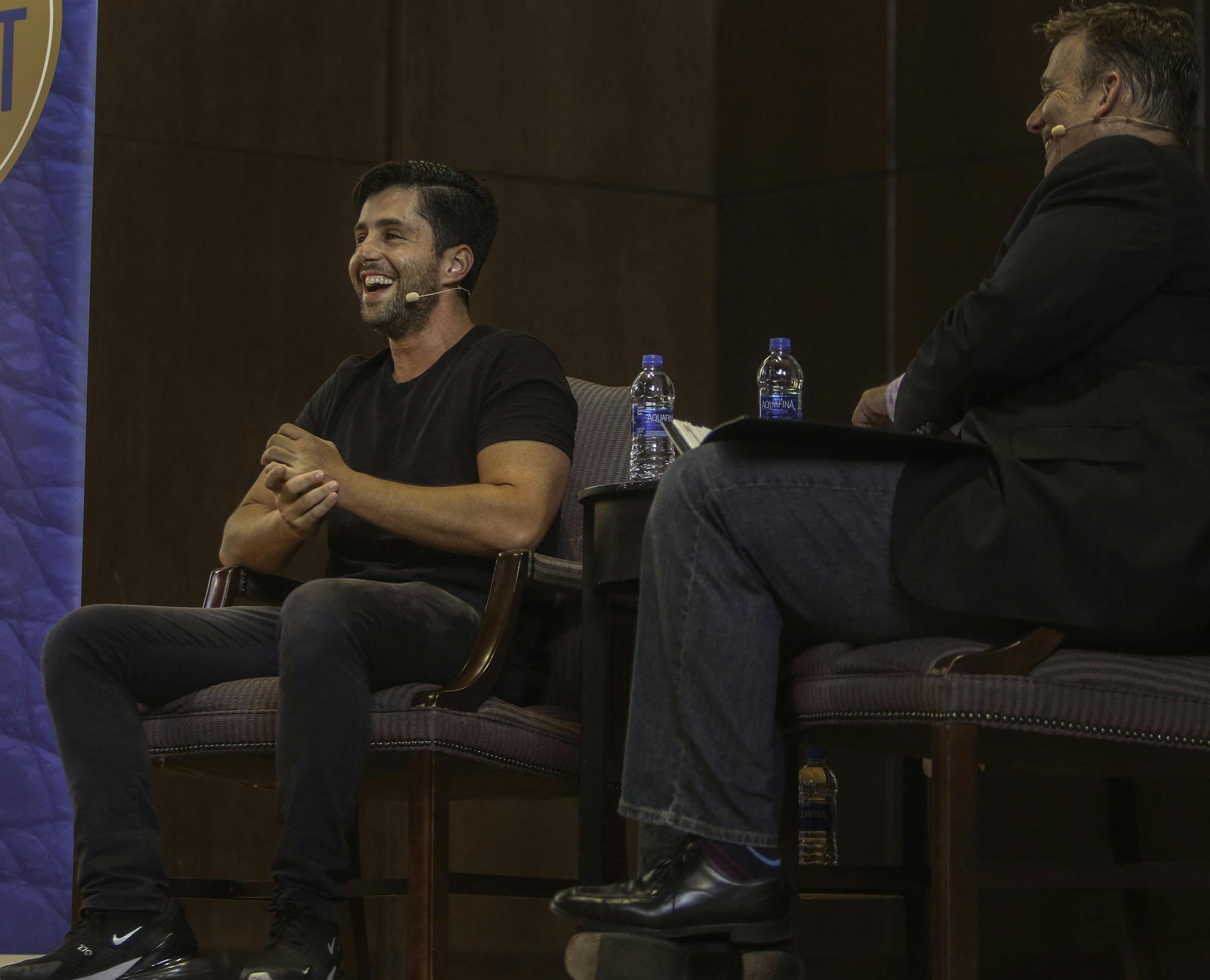 Josh Peck, the 32-year-old social media influencer and actor known for his starring role in the Nickelodeon show “Drake &amp; Josh,” speaks to Ted Spiker, the chair of the department of journalism, Wednesday evening at the University Auditorium at the University of Florida. Peck first told the sold-out crowd of over 800 people about being married and becoming a dad. “I can’t believe I found someone to procreate with,” Peck joked.