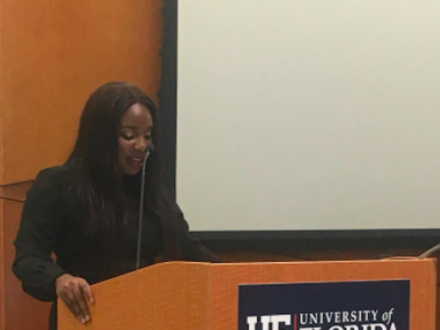 SG Senate President Pro-Tempore Janae Moodie resigns at Tuesday's Student Senate meeting. 