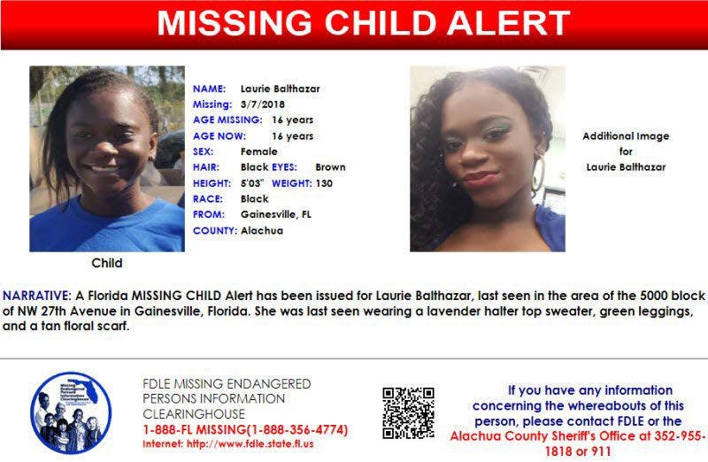 Authorities are looking for Laurie Balthazar, who is described as being 5’3 and weighing 130 pounds. She went missing after she was last seen near the 5000 block of Northwest 27th Avenue, according to the Florida Department of Law Enforcement. She’s described as a black female with black hair and brown eyes.