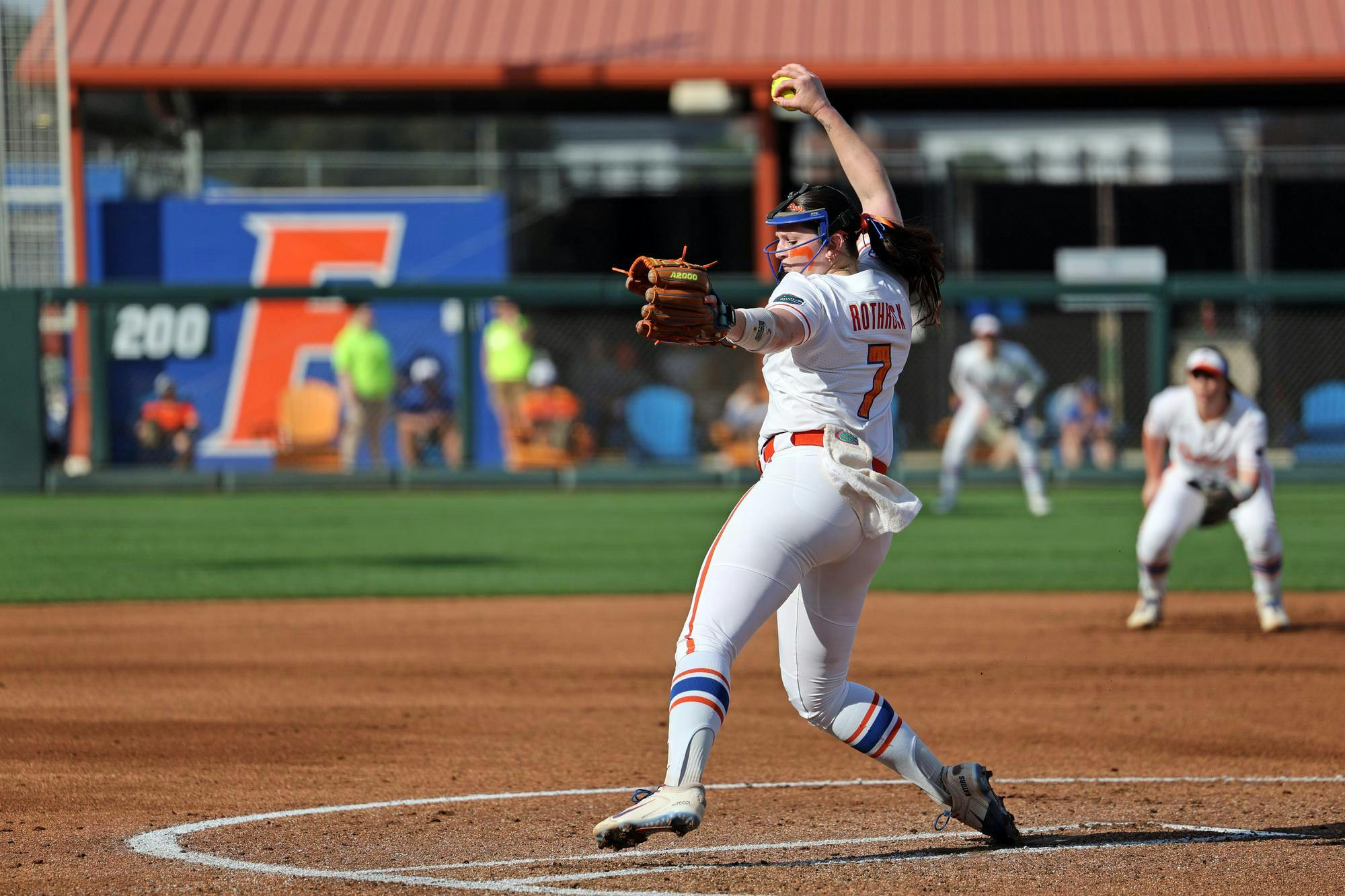 Florida pitcher Keagan Rothrock (7) delivers a pitch during a game against Longwood at Katie Seashole Pressly Stadium in Gainesville, Fla., on Friday, Feb. 20, 2025.