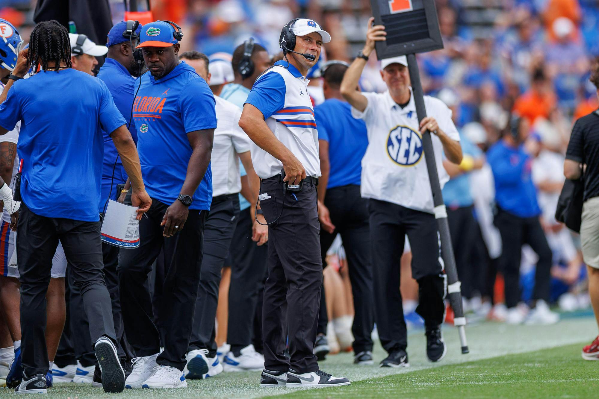 Florida head coach Jon Sumrall looks to the scoreboard as the Gators are down 13-38  during the second half of an NCAA college football game against South Carolina, Saturday, Oct. 10, 2026, in Gainesville, Fla.