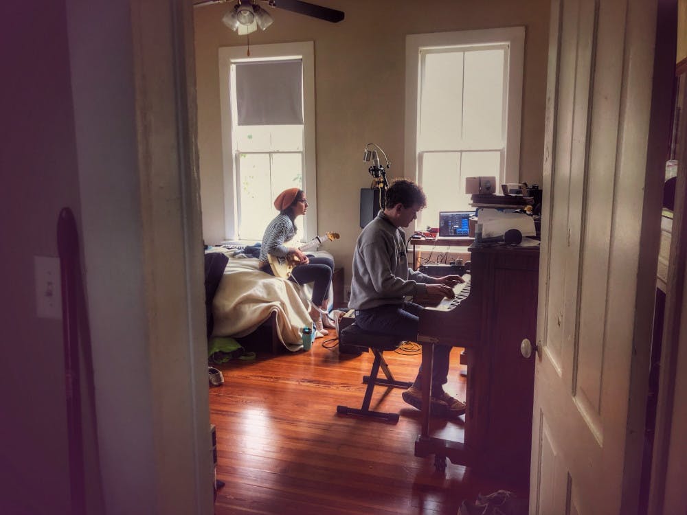 <p>Deitz (left) and her partner during the recording process of "Temporary Clouds".</p>
