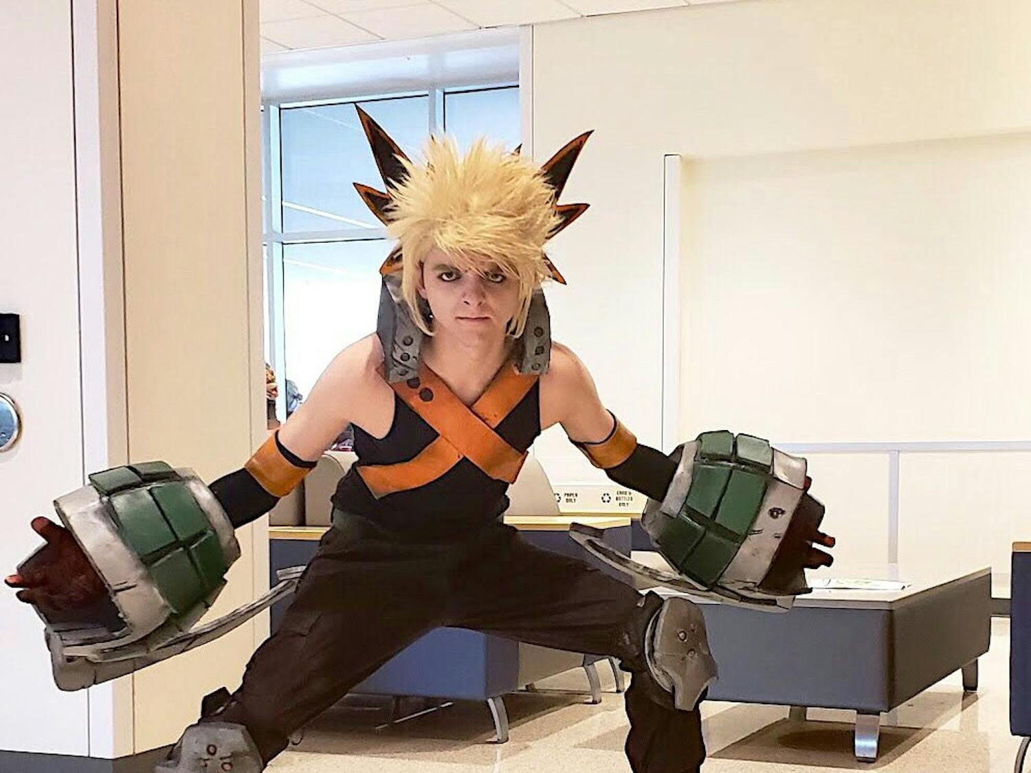 Katsuki Bakugo
James Memos, a 20-year-old Santa Fe freshman, cosplayed as “My Hero Academia” character Katsuki Bakugo. He decided to cosplay the angry character because he loves how Bakugo thinks he’s better than everyone else.
“I feel like that arrogant persona is something that I identify with quite a bit,” he said.
It took him a week to make the costume and he used foam from a gym mat to make the grenades, Memos said.
He advises first-time cosplayers to “just do it.”
“It can make you nervous,” he said. “But once you're in costume, it's so much easier to talk to people. Instead of having some sort of cold approach, you could just be like ‘hey what's up Batman,’ and then you're instantly friends.”
&nbsp;