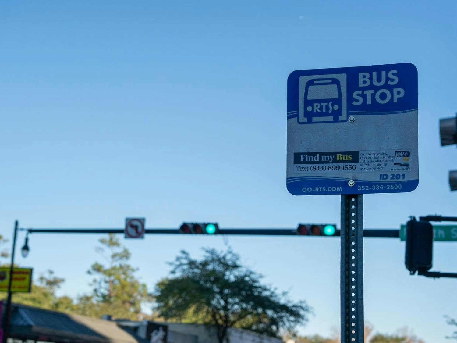 The number 33 bus stops at the Hub Food Court in Gainesville, Fla., Friday, Jan 16, 2026.