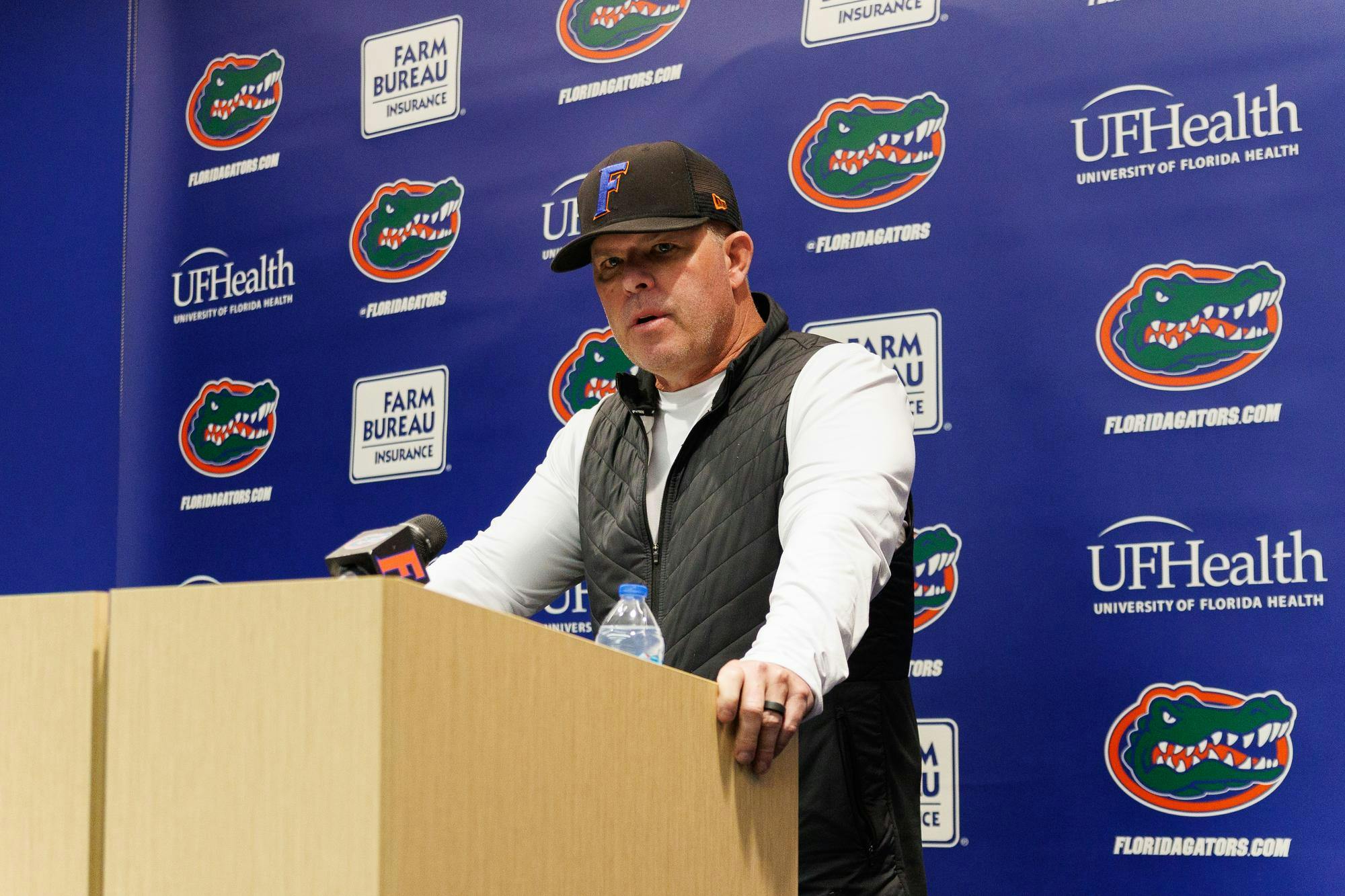 Florida head coach Kevin O’Sullivan speaks during a press conference, Friday, Feb. 6, 2026, in Gainesville, Fla.