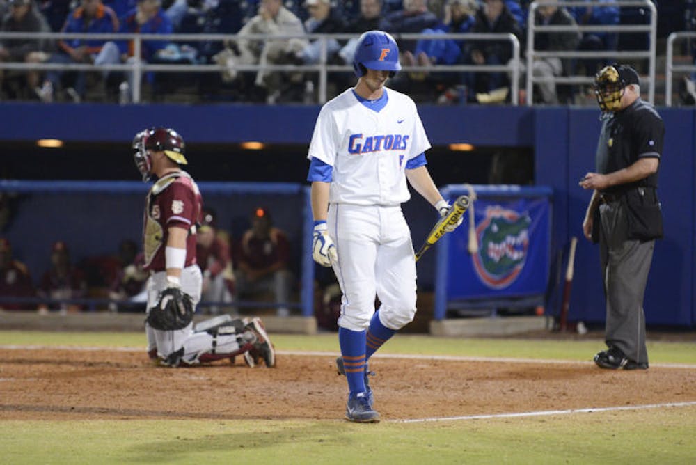 <p class="p1"><span class="s1">Zack Powers walks back to the dugout after striking out during Florida’s 4-1 loss to Florida State on March 12, 2013 at McKethan Stadium.&nbsp;</span></p>
