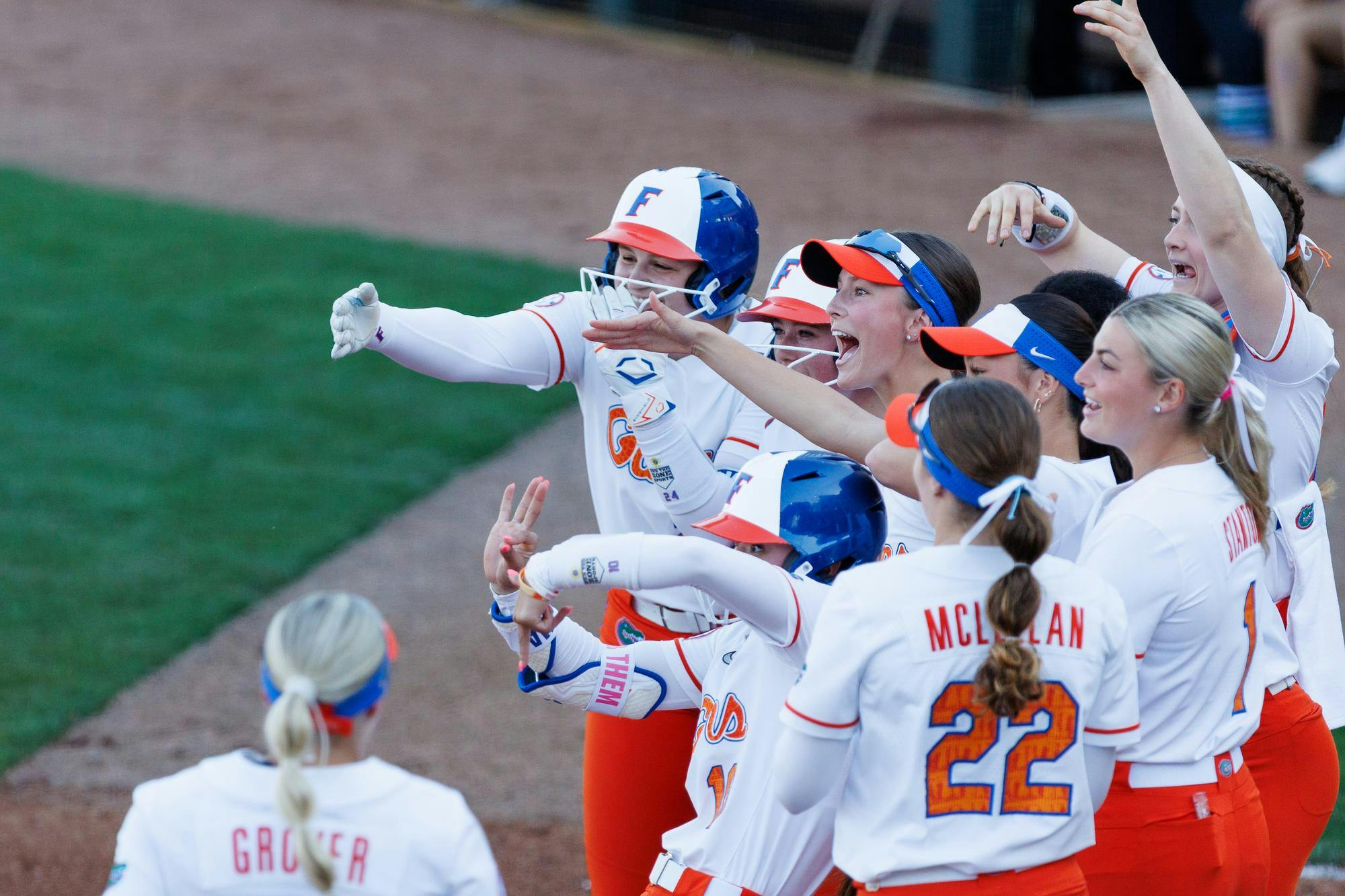 The Florida Gators softball team celebrates a home run during an NCAA softball game against Marshall, Friday, Feb. 13, 2026, in Gainesville, Fla.