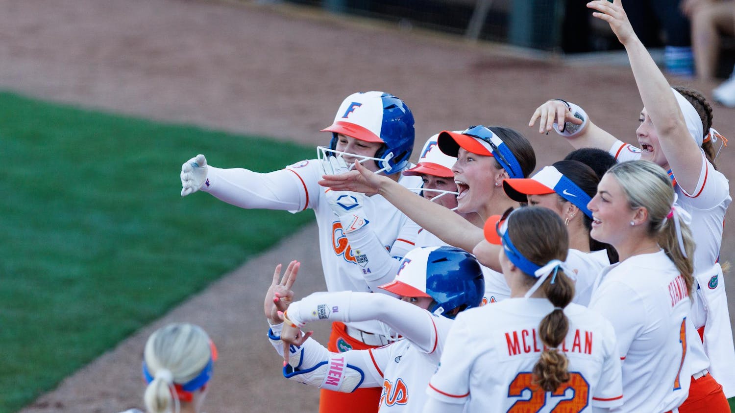The Florida Gators softball team celebrates a home run during an NCAA softball game against Marshall, Friday, Feb. 13, 2026, in Gainesville, Fla.