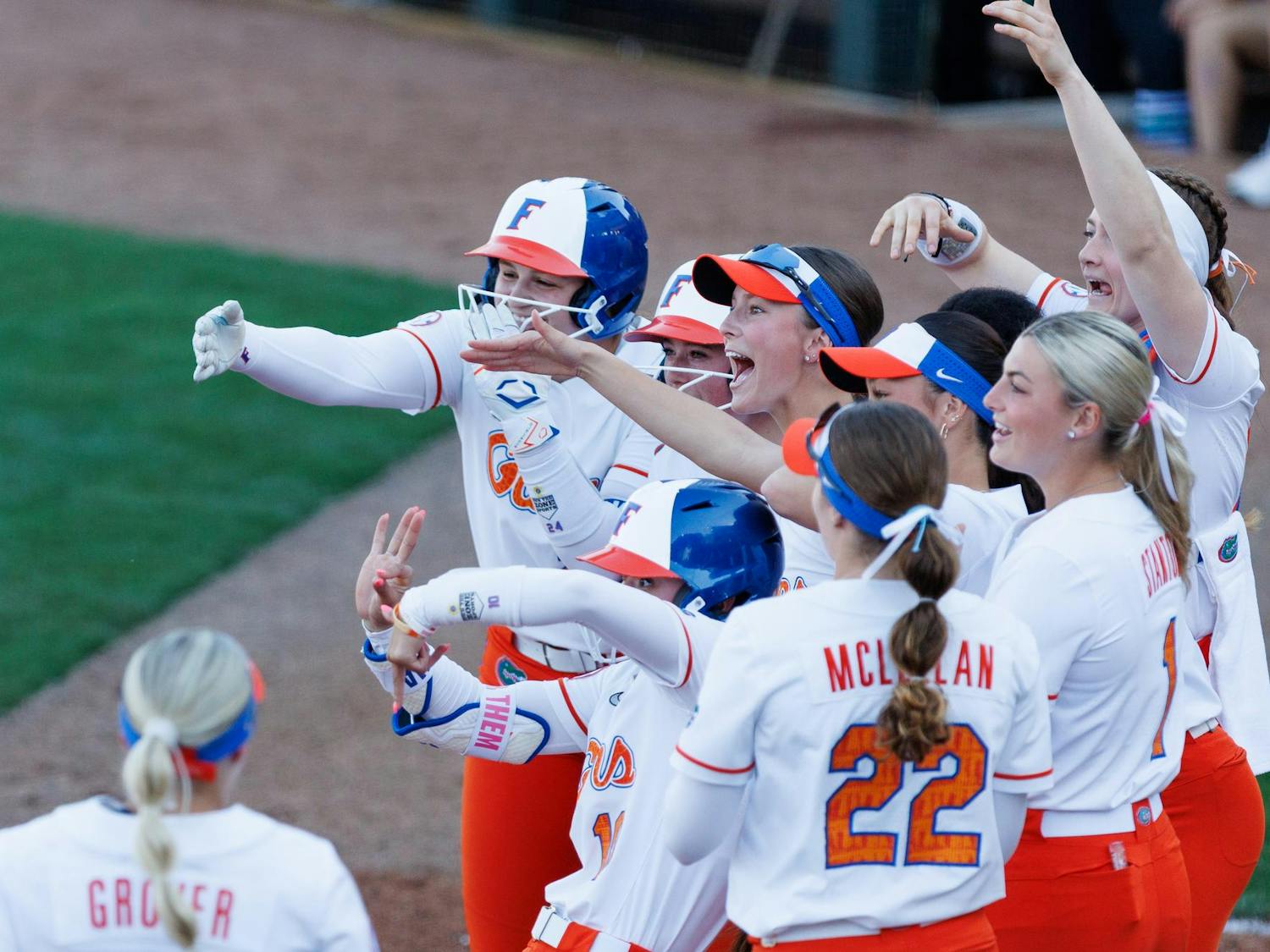 The Florida Gators softball team celebrates a home run during an NCAA softball game against Marshall, Friday, Feb. 13, 2026, in Gainesville, Fla.