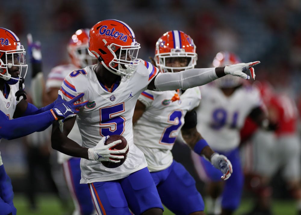 <p>Defensive back Kaiir Elam (5) at the Gators game versus UGA Nov. 7.</p>