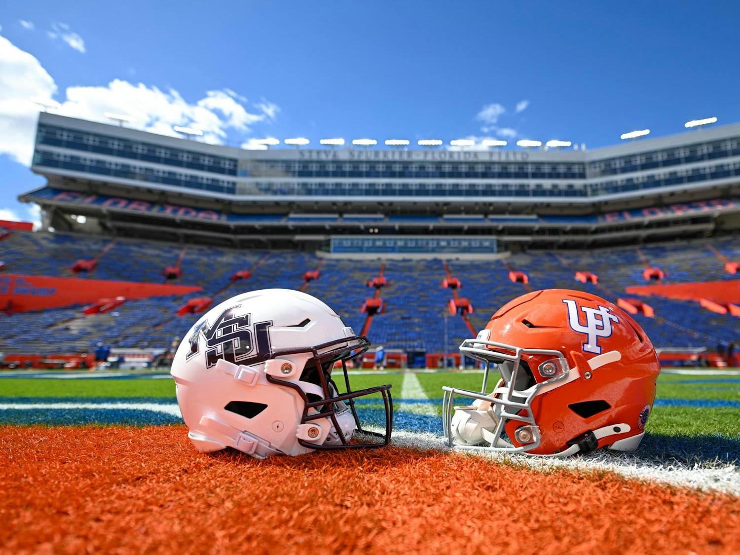 The Mississippi State Bulldogs face off with the Florida Gators in an NCAA college football game at the Swamp on Saturday, Oct. 18, 2025, in Gainesville, Fla.