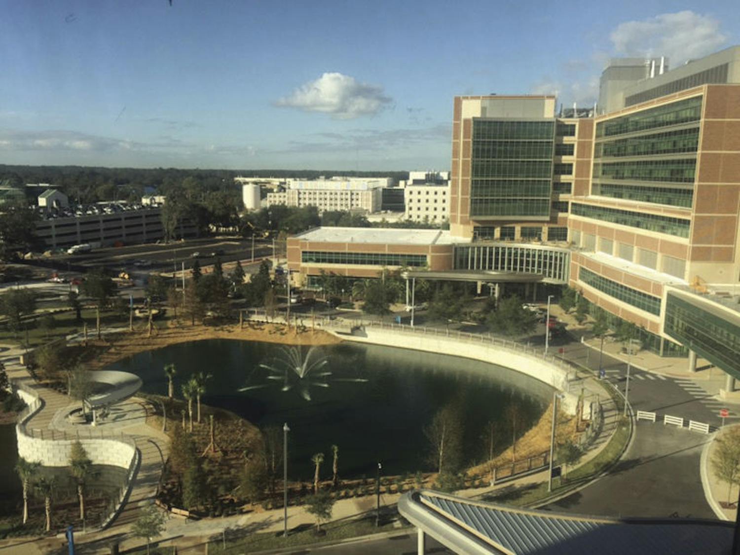 A view of the Circle of Hope and UF Health Cancer Center from the UF Health Heart &amp; Vascular and UF Health Neuromedicine Hospitals’ third-floor terrace.