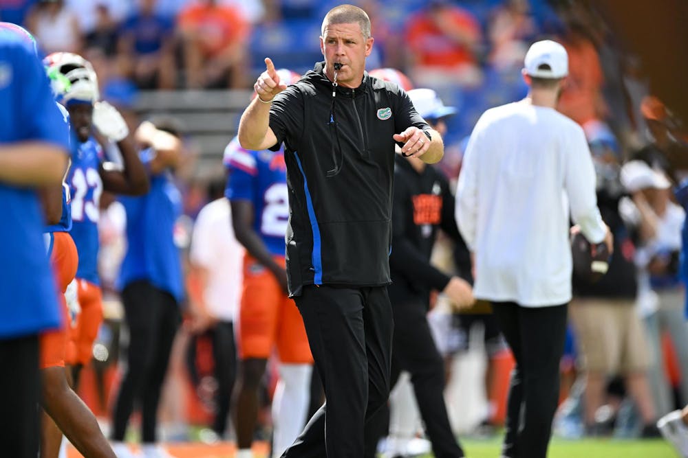Florida Gators head coach Billy Napier during warmups before a football game between the South Florida Bulls and the Florida Gators on Sept. 6, 2025, at Ben Hill Griffin Stadium in Gainesville, Fla.