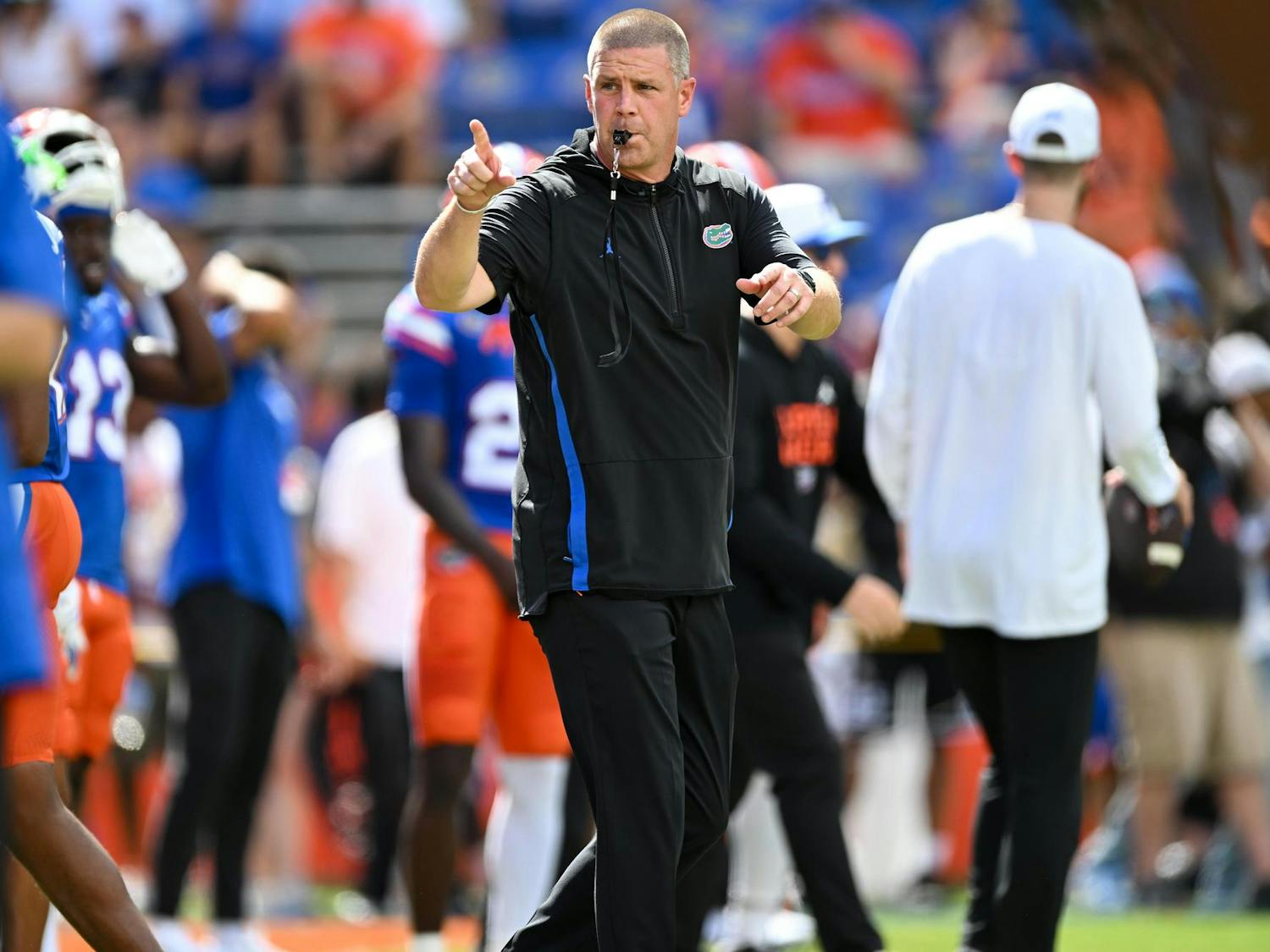 Florida Gators head coach Billy Napier during warmups before a football game between the South Florida Bulls and the Florida Gators on Sept. 6, 2025, at Ben Hill Griffin Stadium in Gainesville, Fla.