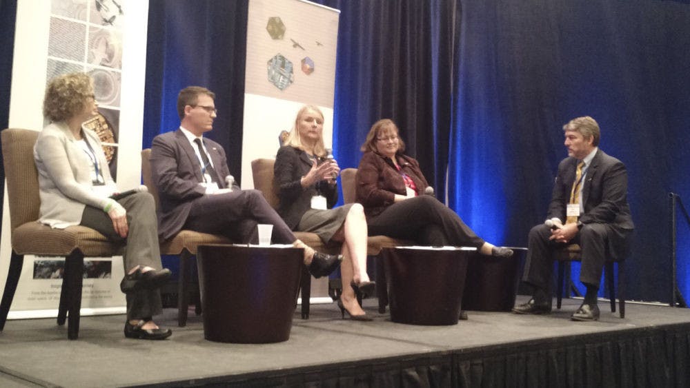 From left: Shirley Pincus, Tim Gray, Karen Zaderej and Christine Schmidt discuss the journey a startup company takes – from the idea to the business – at the Gainesville Hilton on Tuesday.