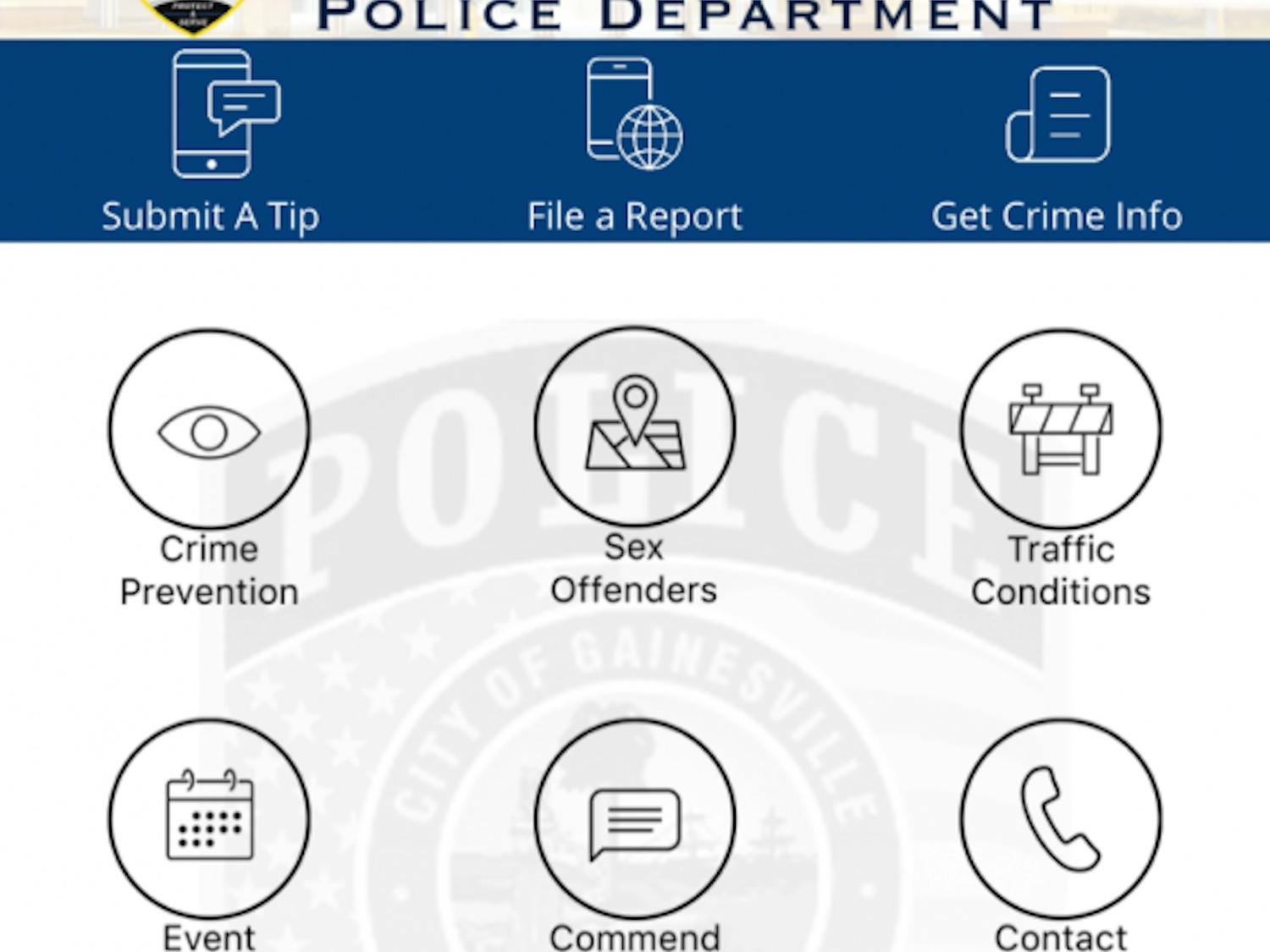 Pictured is a screenshot of an app, Gainesville (FL) Police, released by the Gainesville Police Department on Tuesday.&nbsp;
