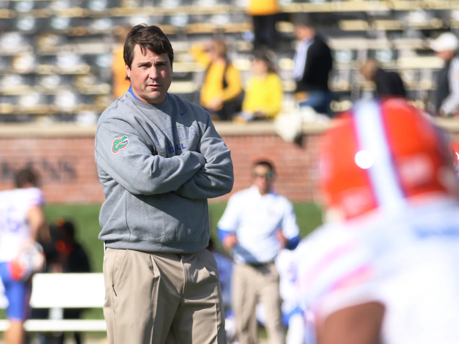 Coach Will Muschamp watches players warm up prior to Florida’s 36-17 loss to Missouri on Oct. 19 at Faurot Field in Columbia, Mo.