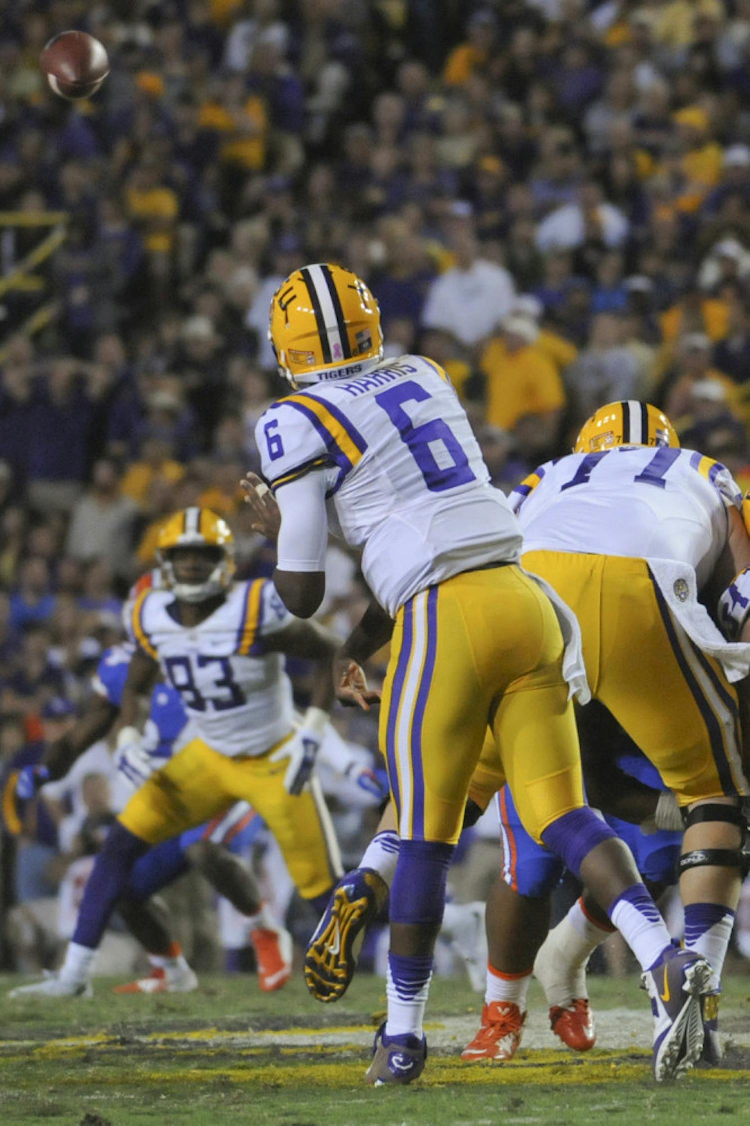 LSU quarterback Brandon Harris attempts a pass during the Tigers' 35-28 win against UF on Oct. 17, 2015, at Tiger Stadium in Baton Rouge, Louisiana.