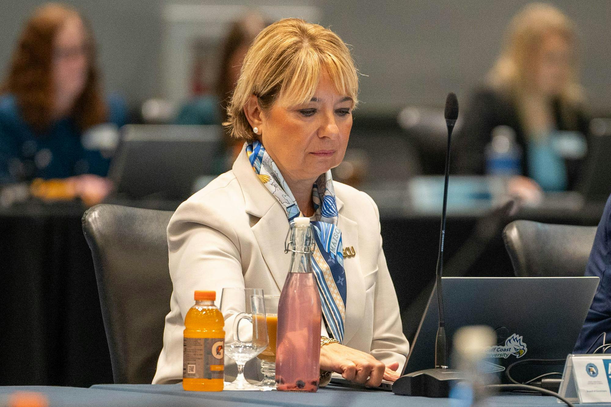 President of Florida Gulf Coast University Aysegul Timur sits at a Board of Governors meeting inside the Grand Ballroom of the Reitz Union, Wednesday, Sept. 30, 2026, in Gainesville, Fla.