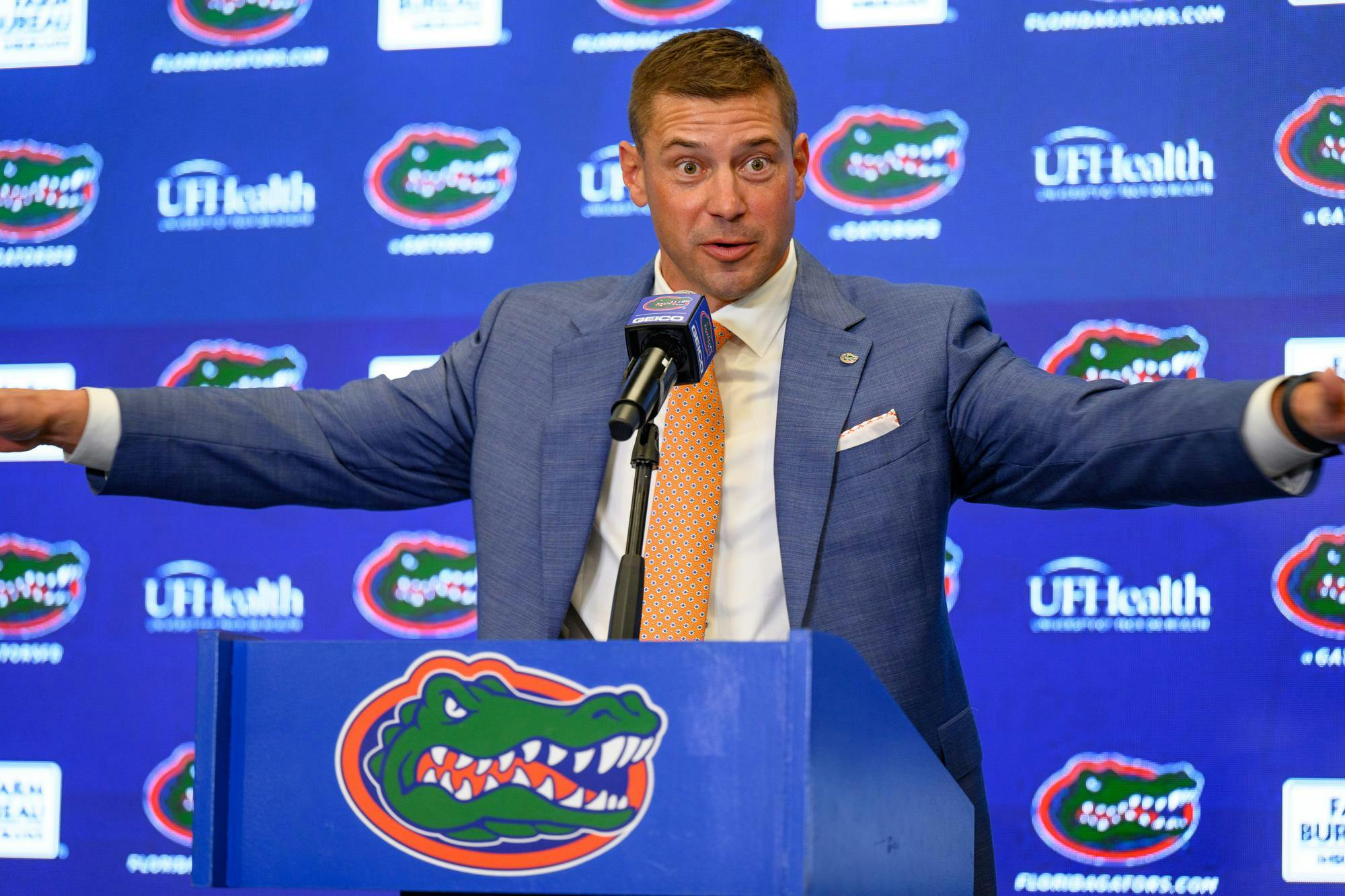 Florida head coach Jon Sumrall speaks during his introductory press conference at Heavener Football Training Center in Gainesville, Fla., Monday, Dec. 1, 2025.