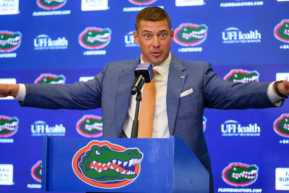 Florida head coach Jon Sumrall speaks during his introductory press conference at Heavener Football Training Center in Gainesville, Fla., Monday, Dec. 1, 2025.