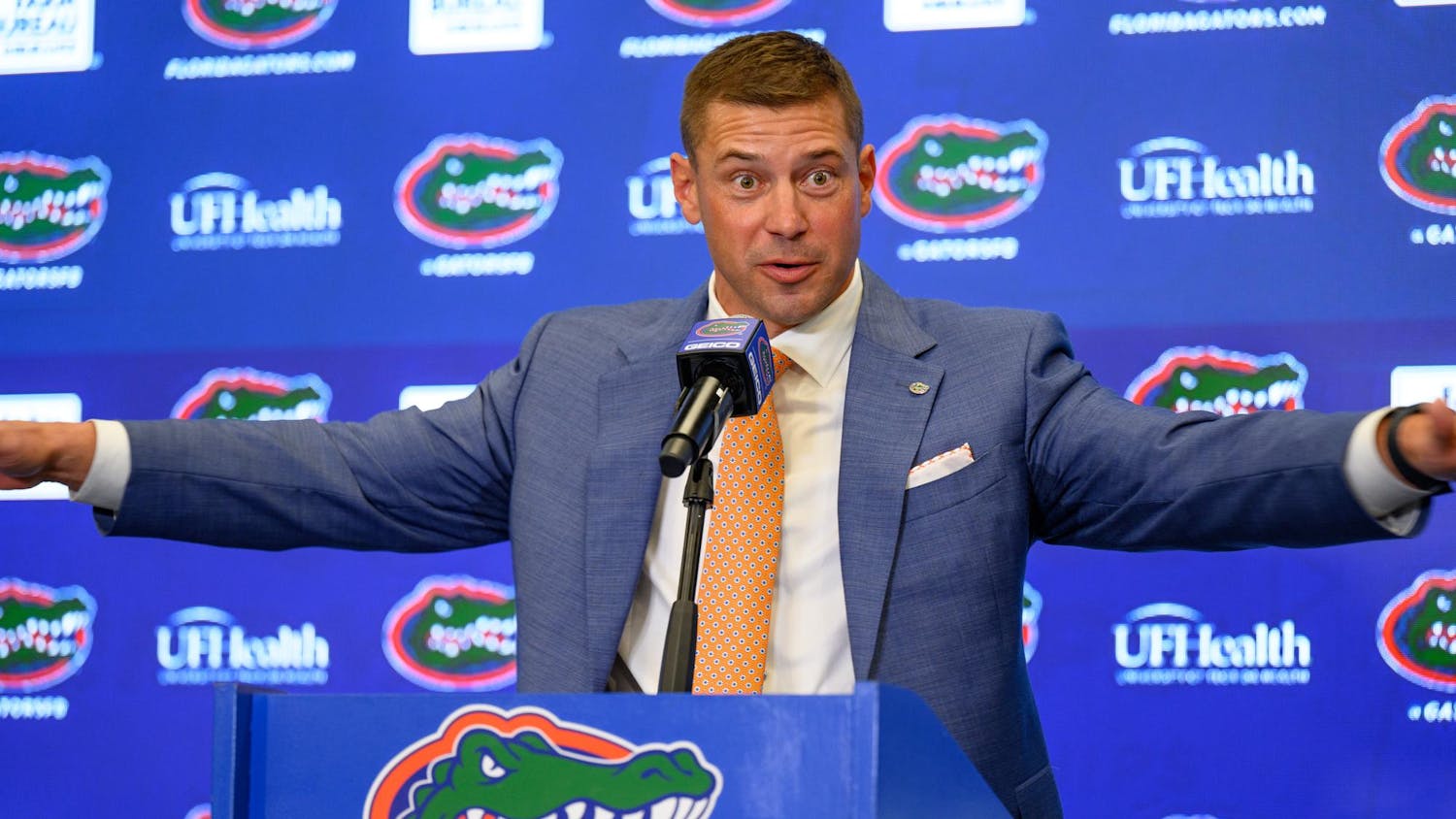 Florida head coach Jon Sumrall speaks during his introductory press conference at Heavener Football Training Center in Gainesville, Fla., Monday, Dec. 1, 2025.