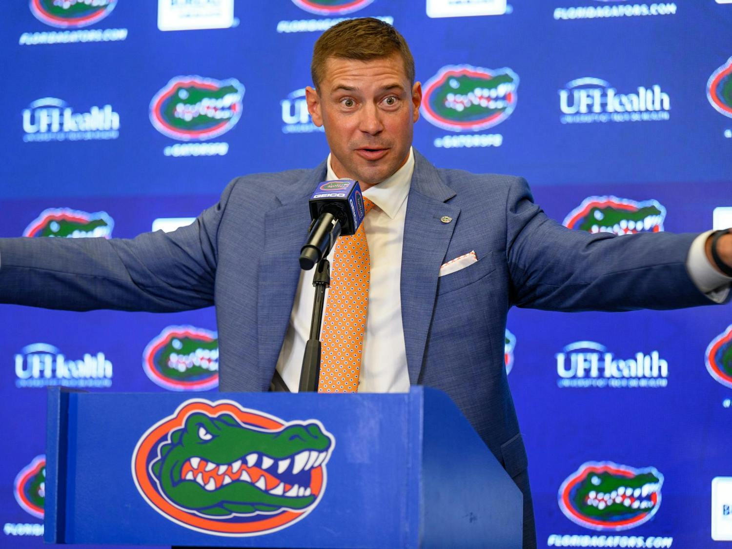 Florida head coach Jon Sumrall speaks during his introductory press conference at Heavener Football Training Center in Gainesville, Fla., Monday, Dec. 1, 2025.