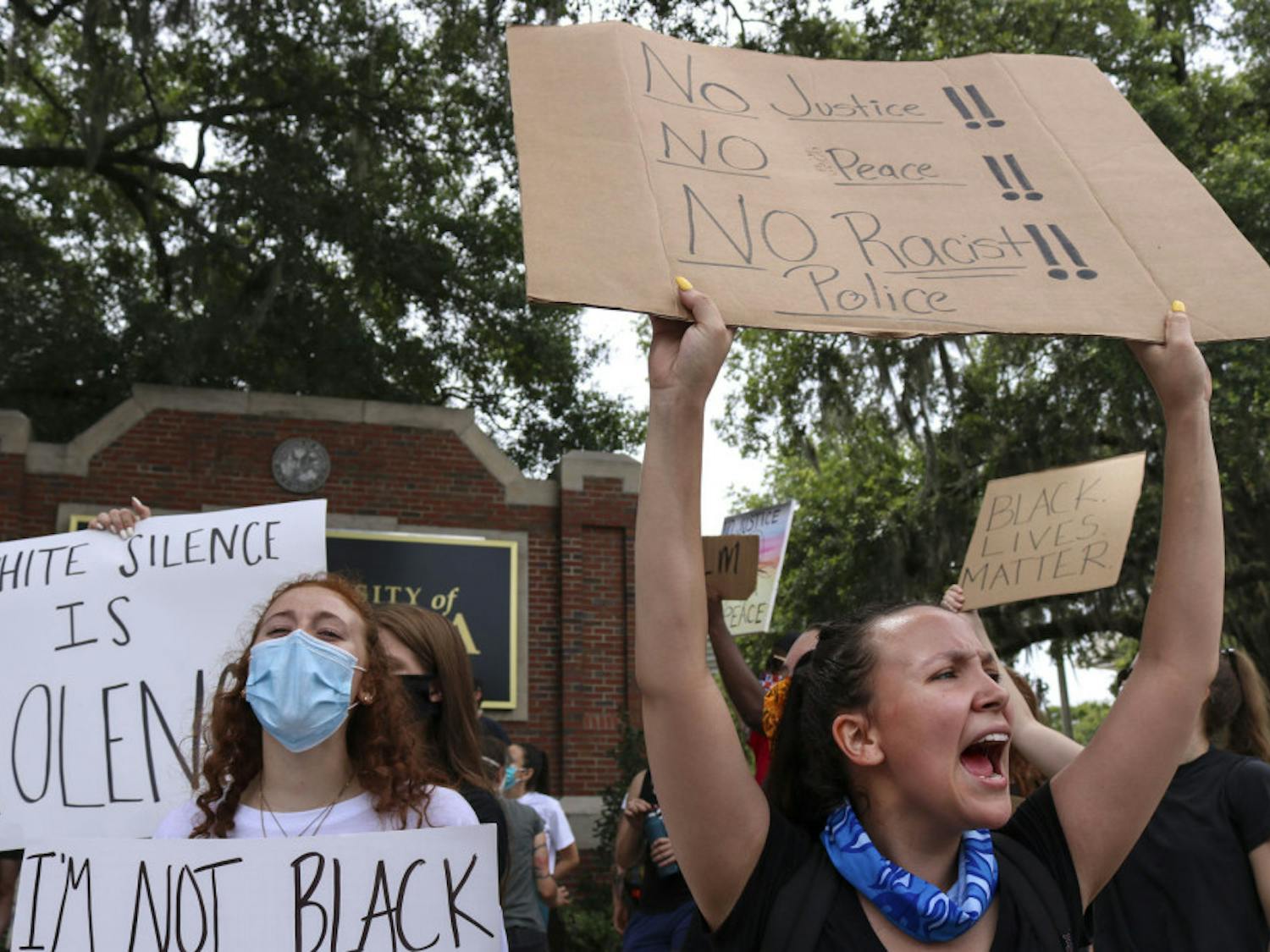 Alexzandria Rogers, a 22-year-old UCF political science major and Gainesville resident, shouts as protestors demand justice for George Floyd, an unarmed black man who was killed in Minneapolis police custody on May 25, 2020.
&nbsp;
