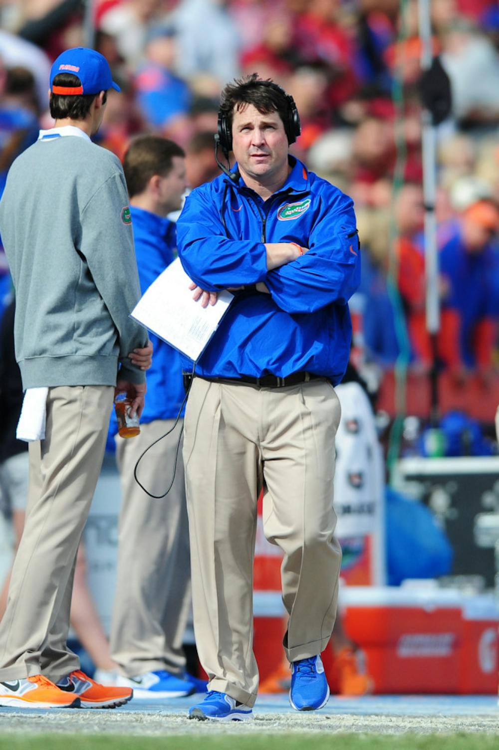 <p><span>UF coach Will Muschamp watches on during Florida's 37-7 loss to No. 2 FSU on Saturday at Ben Hill Griffin Stadium. The Gators earned commitments from two 2014 four-star recruits on Thursday.</span></p>