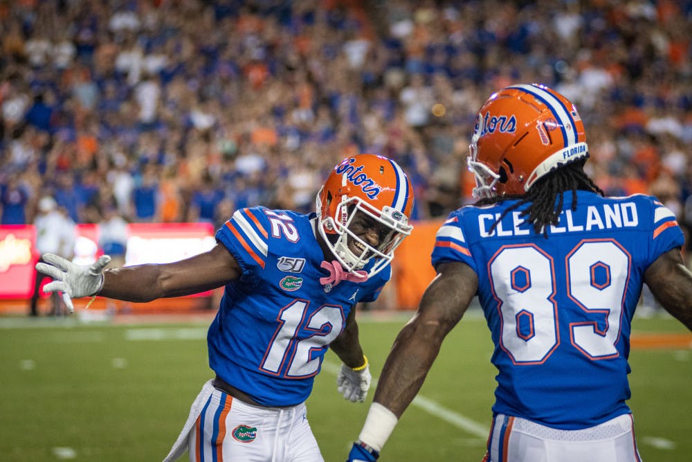 <p>Wide receivers Van Jefferson (12) and Tyrie Cleveland (89) both caught long touchdown passes in Florida's 45-0 win over UT Martin. </p>