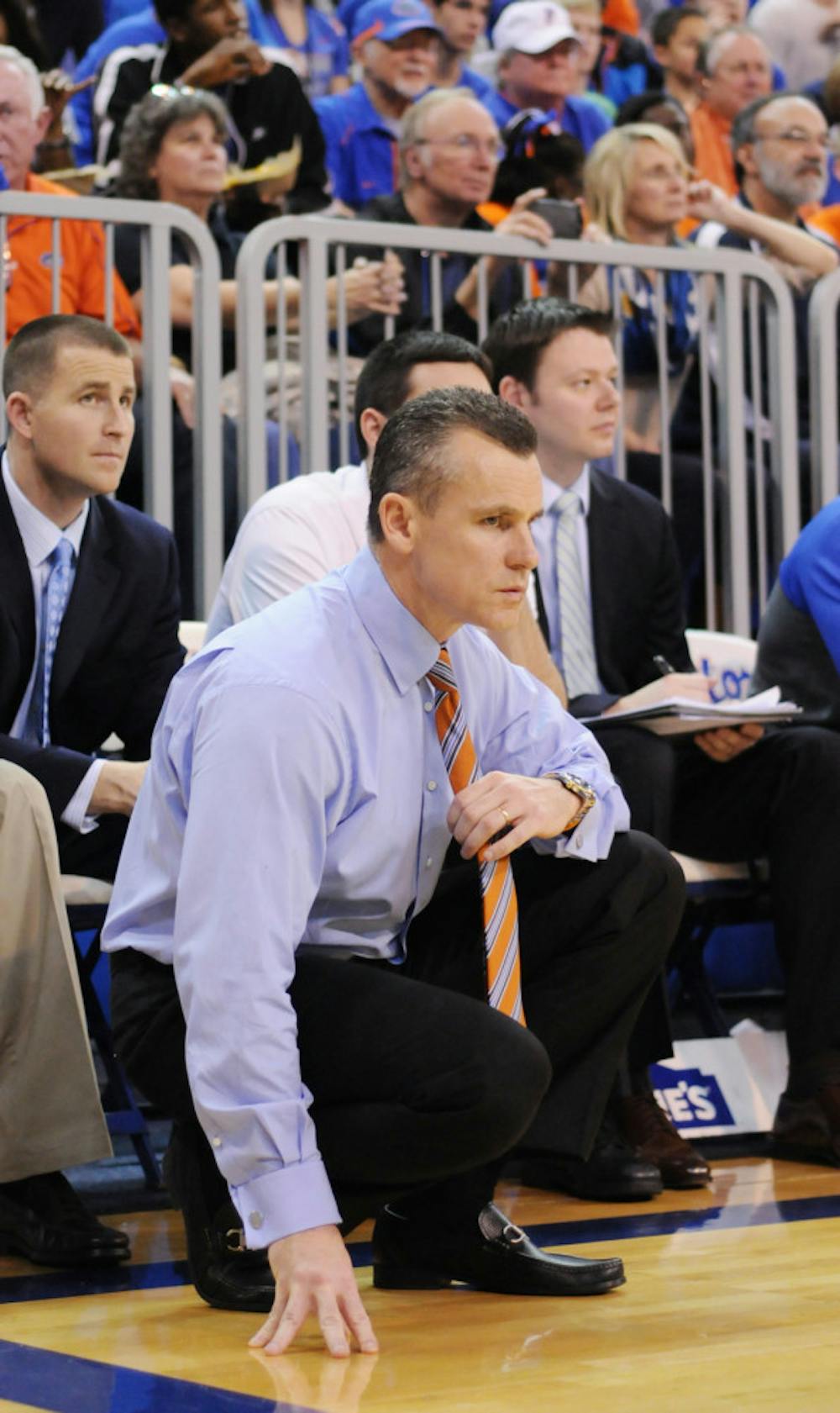 <p>Billy Donovan looks down the court during Florida’s 78-69 win against Alabama in the O’Connell Center. Florida plays Tennessee tonight at 7.</p>