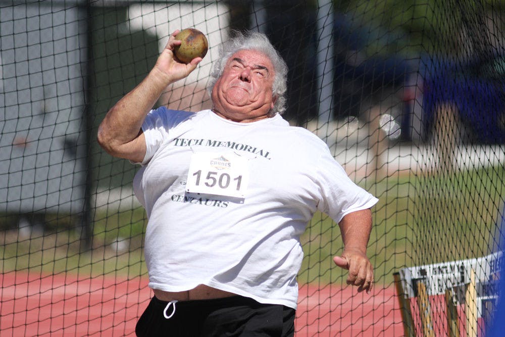 Joe Abal, 65, competes in the shot put competition at the 14th Annual Gainesville Senior Games on Sunday. Abal came in second place in his age category, 65 to 70, with a throw of 24 feet and 1 inch.