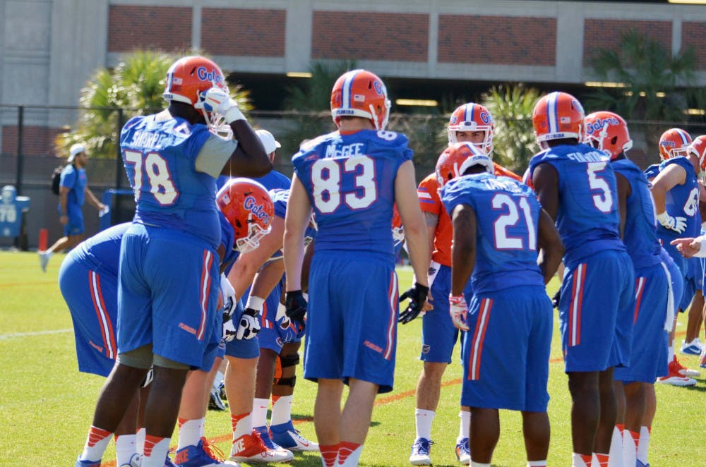 <p>Florida players huddle during their first spring practice on Monday.</p>
