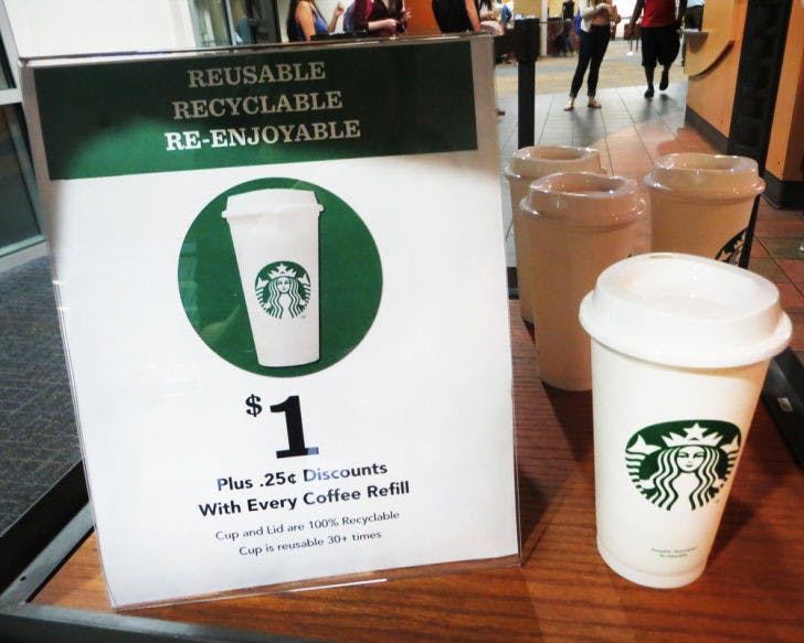 Starbucks is now offering new reusable, plastic cups for $1. Consumers save 25 cents when they bring the reusable cup.