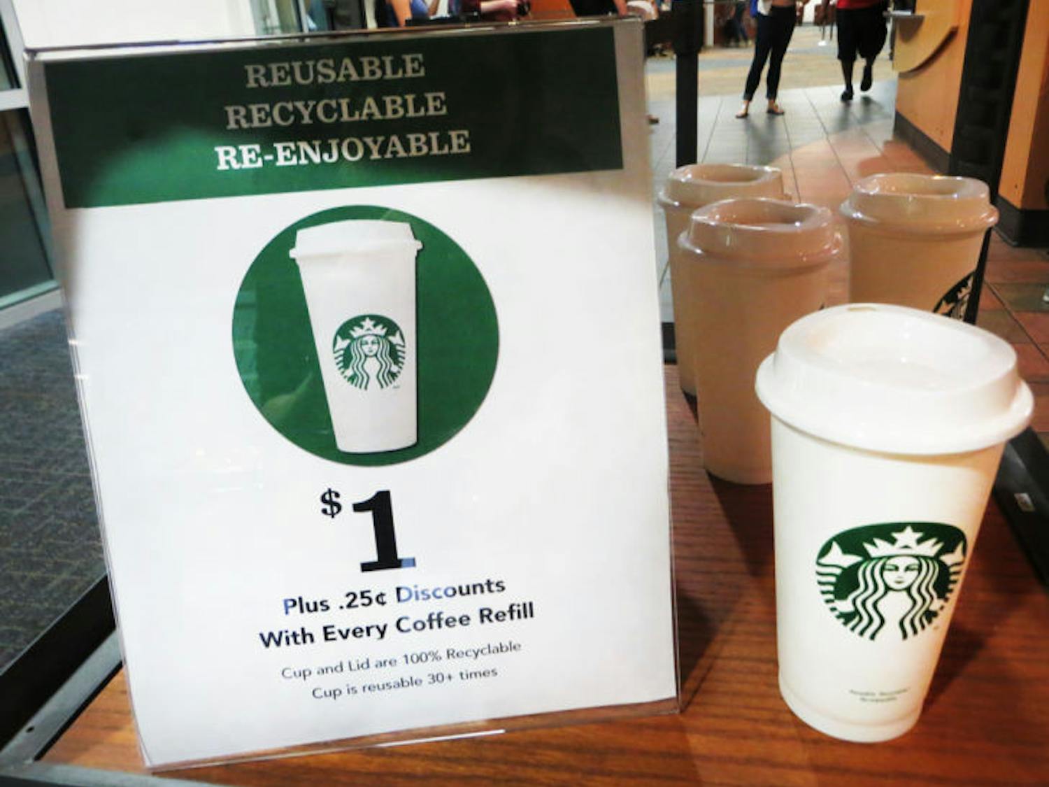 Starbucks is now offering new reusable, plastic cups for $1. Consumers save 25 cents when they bring the reusable cup.