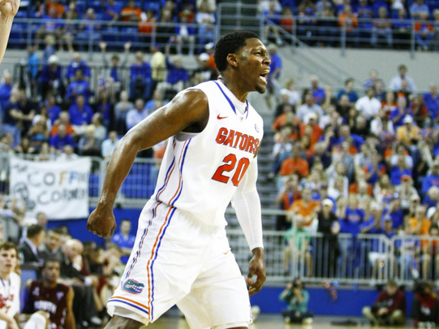 Freshman guard Michael Frazier II (20) reacts after a play during Florida’s 75-36 win against South Carolina on Jan. 30 in the O’Connell Center.