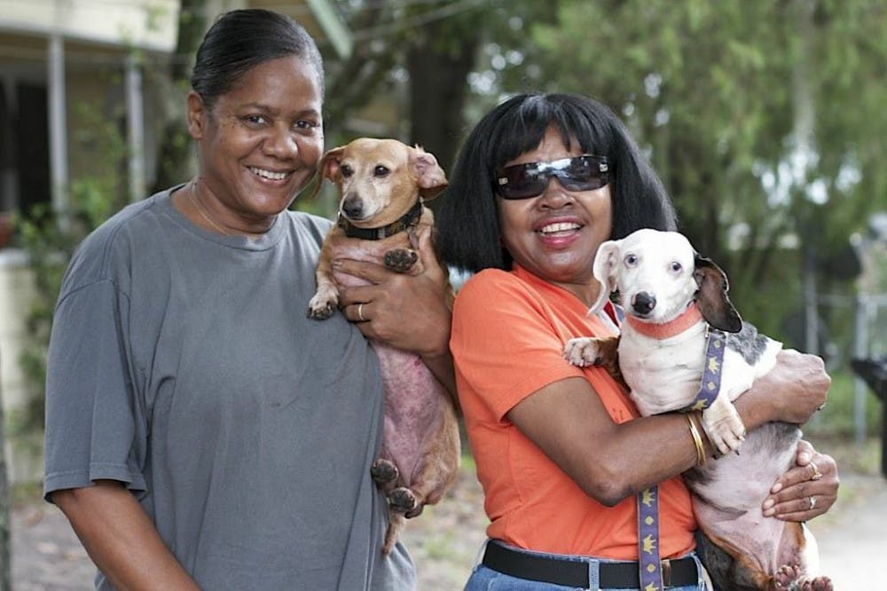 <p>Vera Mathews (left) holds Nate, and Yvette Mathews holds Bella as they pose for a photo at St. Francis Pet Care.</p>