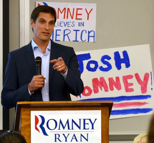 Josh Romney, a son of Republican presidential candidate Mitt Romney, speaks in front of more than 200 people at Weil Hall in the University of Florida on Friday, Sept. 21, 2012.