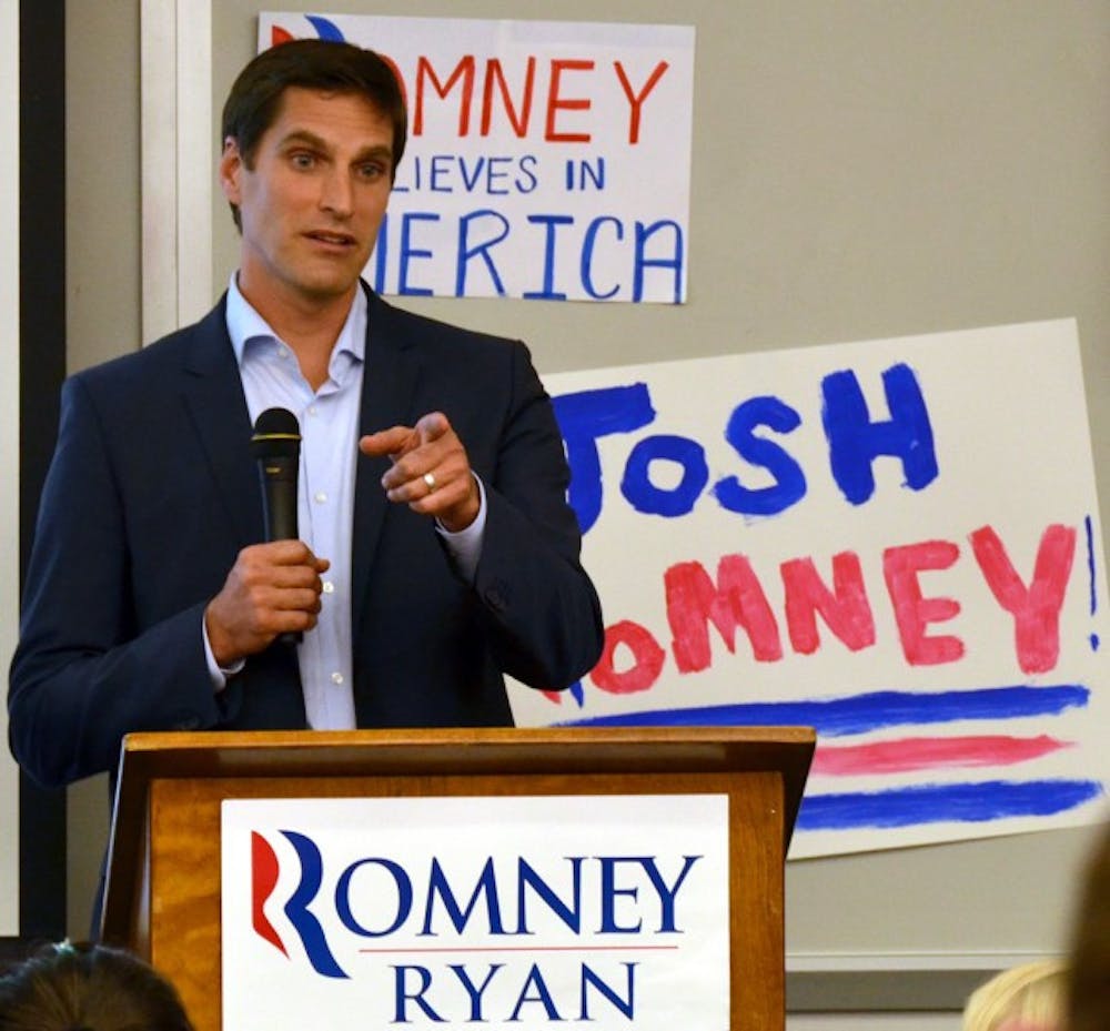 <p>Josh Romney, a son of Republican presidential candidate Mitt Romney, speaks in front of more than 200 people at Weil Hall in the University of Florida on Friday, Sept. 21, 2012.</p>
