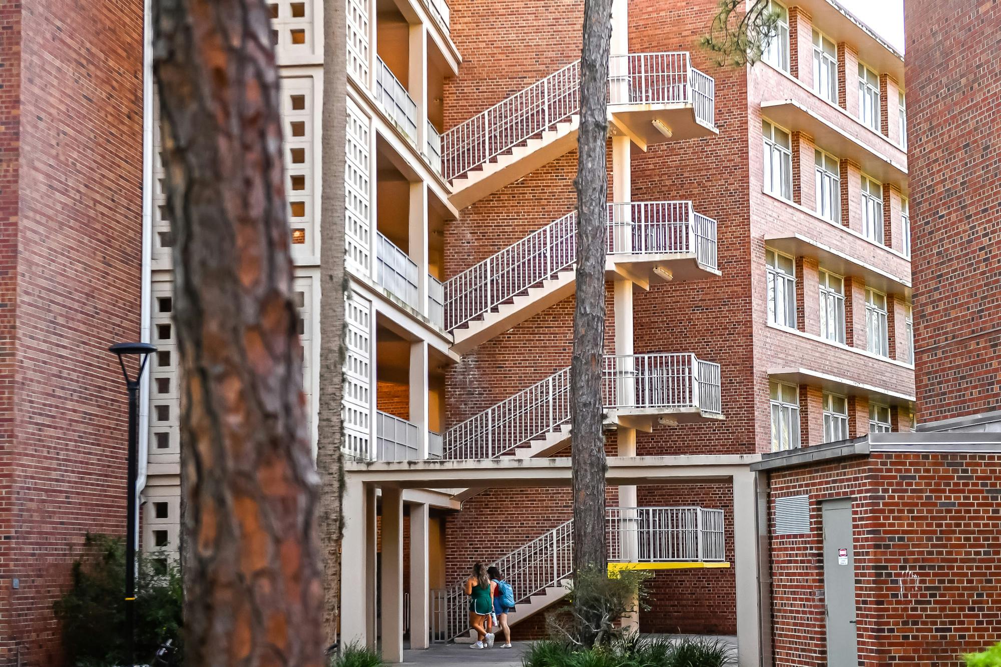 Students go to climb the stairs on Thursday, April 2, 2025, at Graham Hall in Gainesville, Florida. (Matthew Lewis)