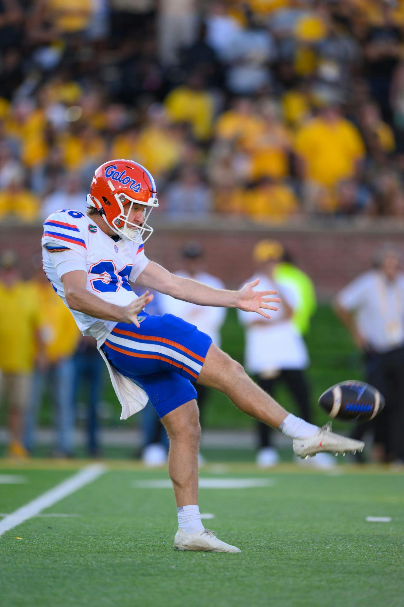Florida punter Alec Clark (38) kicks during the second half of an NCAA college football game against Missouri, Saturday, Oct. 3, 2026, in Columbia, Mo.