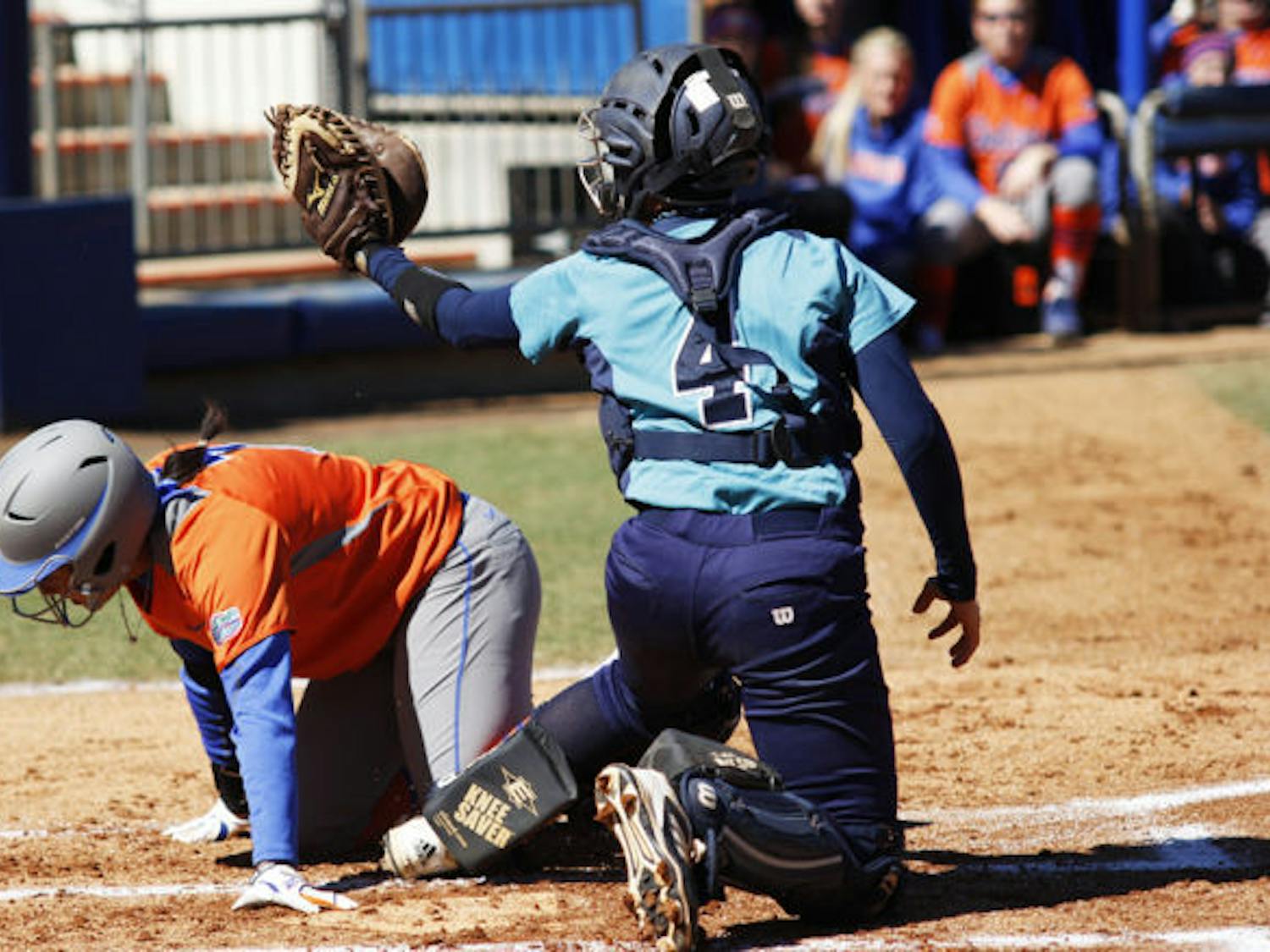 Kelsey Stewart gets tagged out at home during Florida’s 9-1 win against UNC Wilmington on Feb. 17 at Katie Seashole Pressly Stadium. Stewart picked up two hits in the Gators' 3-2 loss to Georgia on Friday.