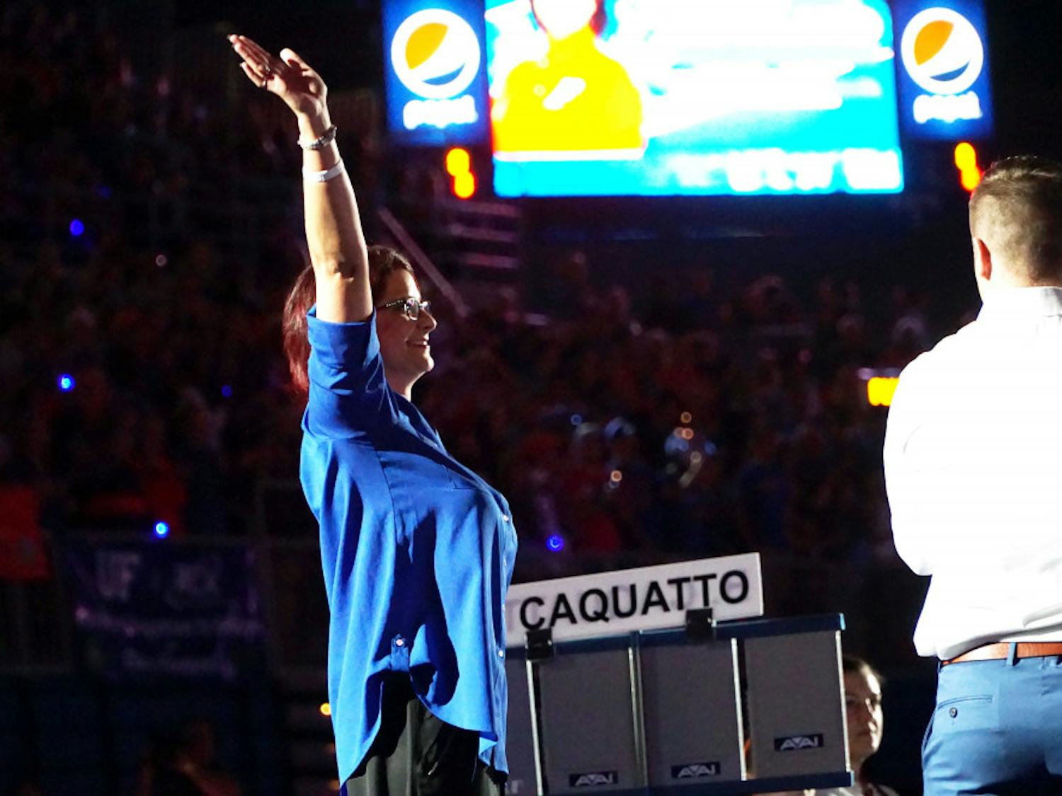 UF coach Jenny Rowland waves to the crowd prior to Florida’s win against UCLA on Jan. 15, 2016, in the O’Connell Center.