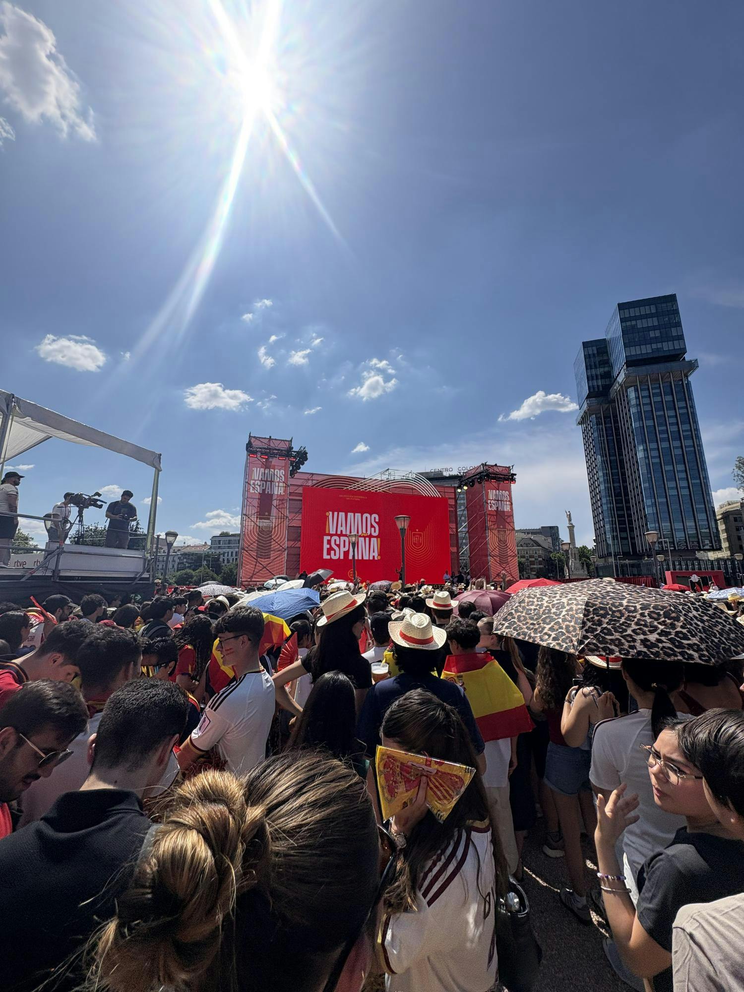 Fans gather at Plaza de Colon, Monday, June 15, 2026, ahead of the Spain vs Cabo Verde World Cup Game, in Madrid, Spain.