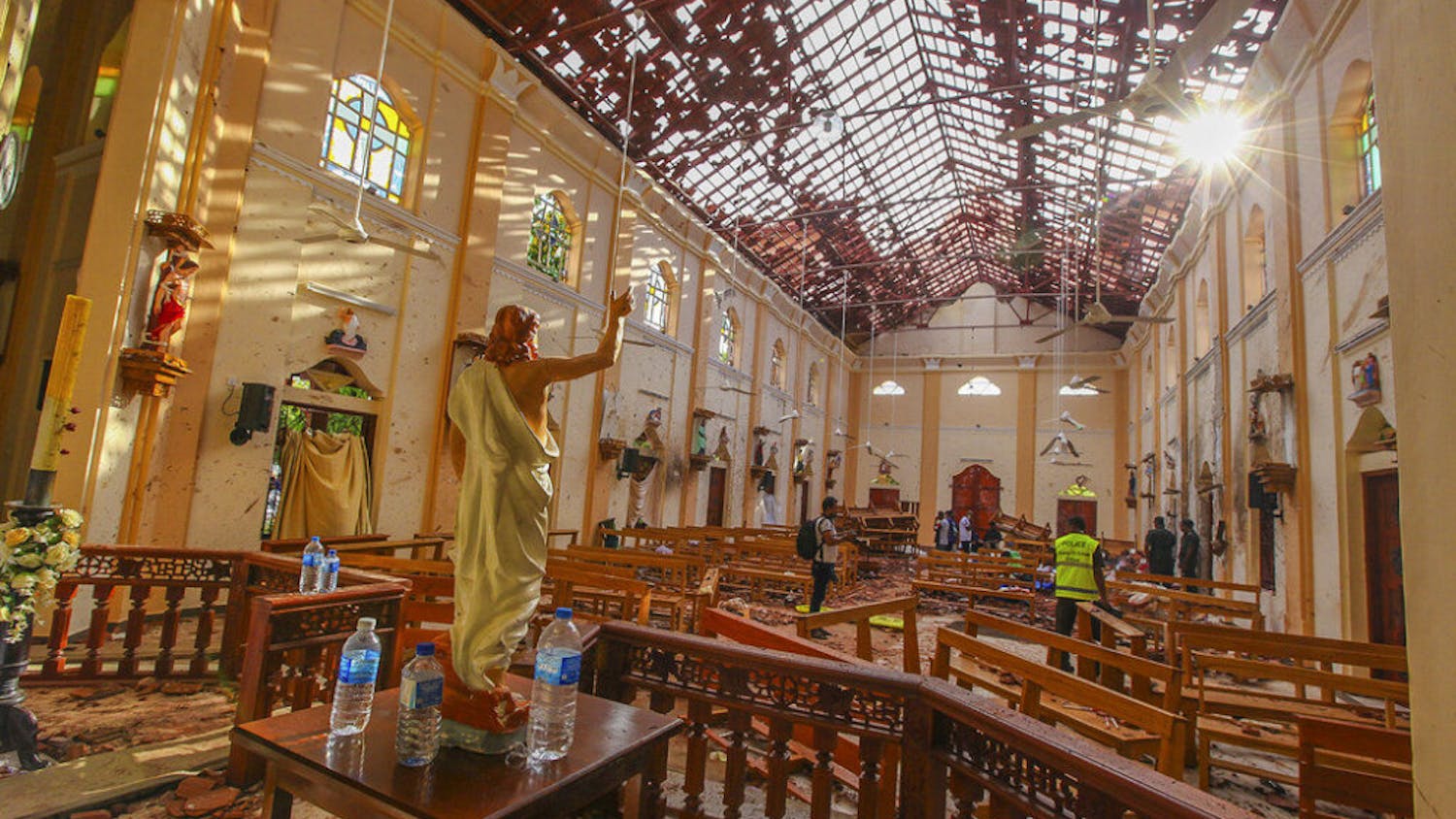 A view of St. Sebastian's Church damaged in blast in Negombo, north of Colombo, Sri Lanka, Sunday, April 21, 2019. More than hundred were killed and hundreds more hospitalized with injuries from eight blasts that rocked churches and hotels in and just outside of Sri Lanka's capital on Easter Sunday, officials said, the worst violence to hit the South Asian country since its civil war ended a decade ago. (AP Photo/Chamila Karunarathne)