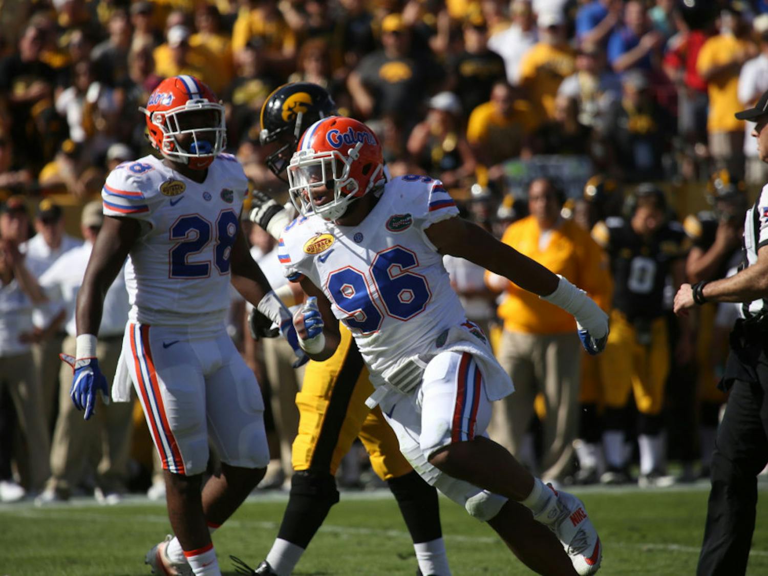 CeCe Jefferson celebrates a play during Florida's 30-3 win against Iowa at the Outback Bowl on Jan. 2, 2017, at Raymond James Stadium.
