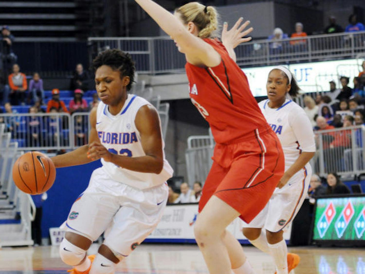 Kayla Lewis drives toward the net during Florida’s win against Georgia on Jan. 19 in the O’Connell Center.